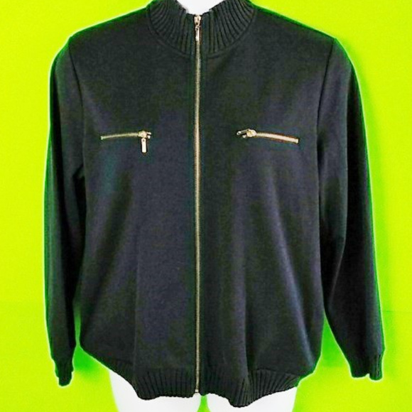Brass toned zipper navy sweater by Drapers.  L. - Picture 3 of 8